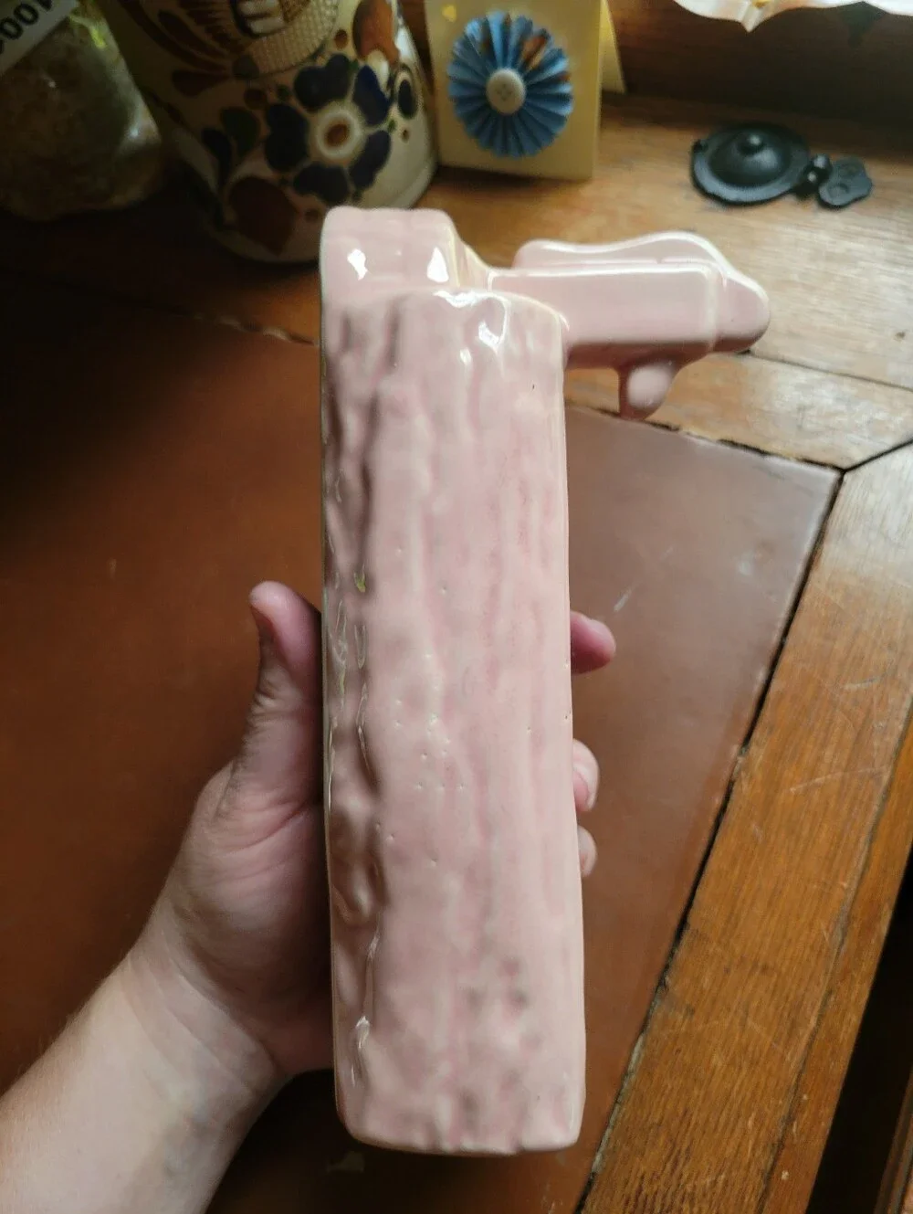 Vintage pink log trough with water pump flower pot
